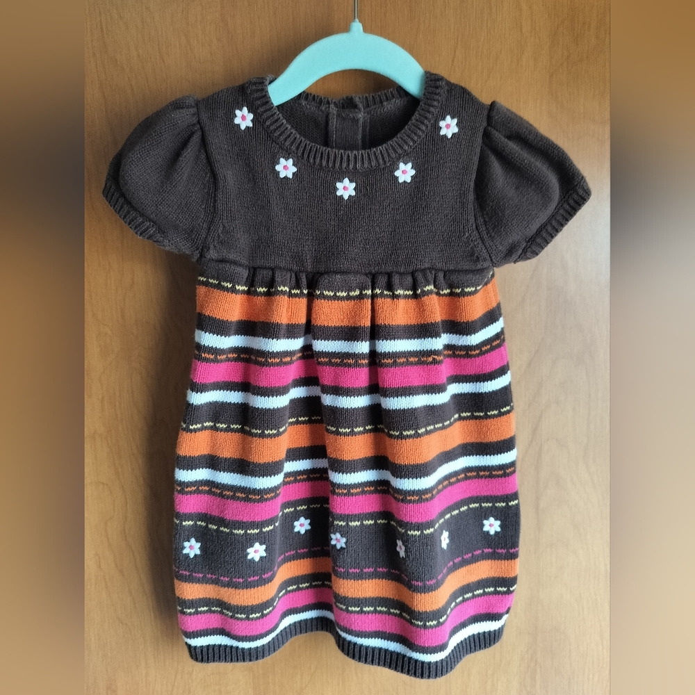 Y2K Gymboree Bright Brown Pink Orange Striped Babydoll Sweater Dress 18-24 M